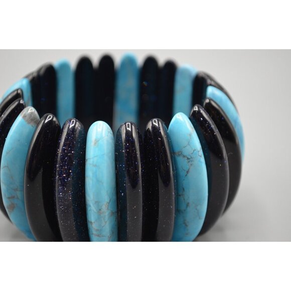 Goldstone & Turquoise Long Bead Stretch Bracelet Chunky Large Bangle Jewelry - Picture 5 of 8